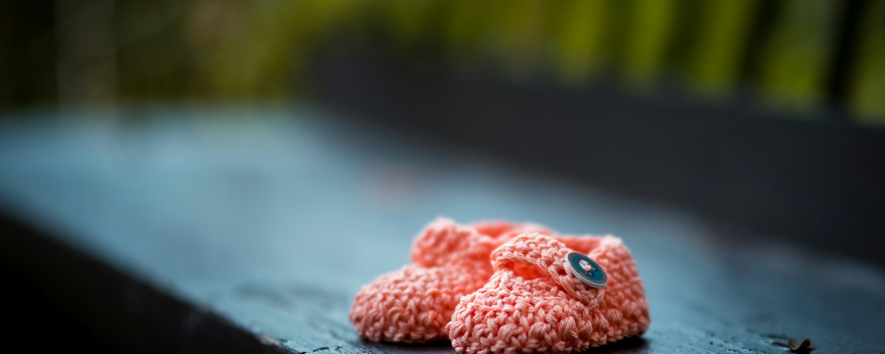 Pink baby booties on a park bench