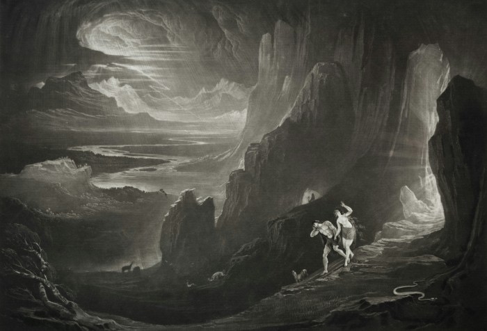 Black and white artistic portrayal of Adam and Eve being driven out of Paradise