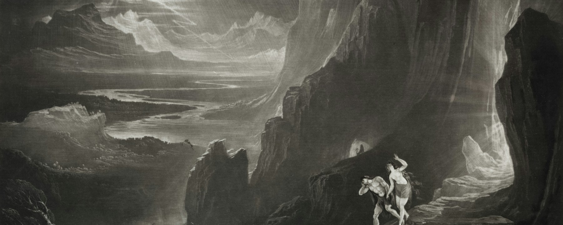 Black and white artistic portrayal of Adam and Eve being driven out of Paradise